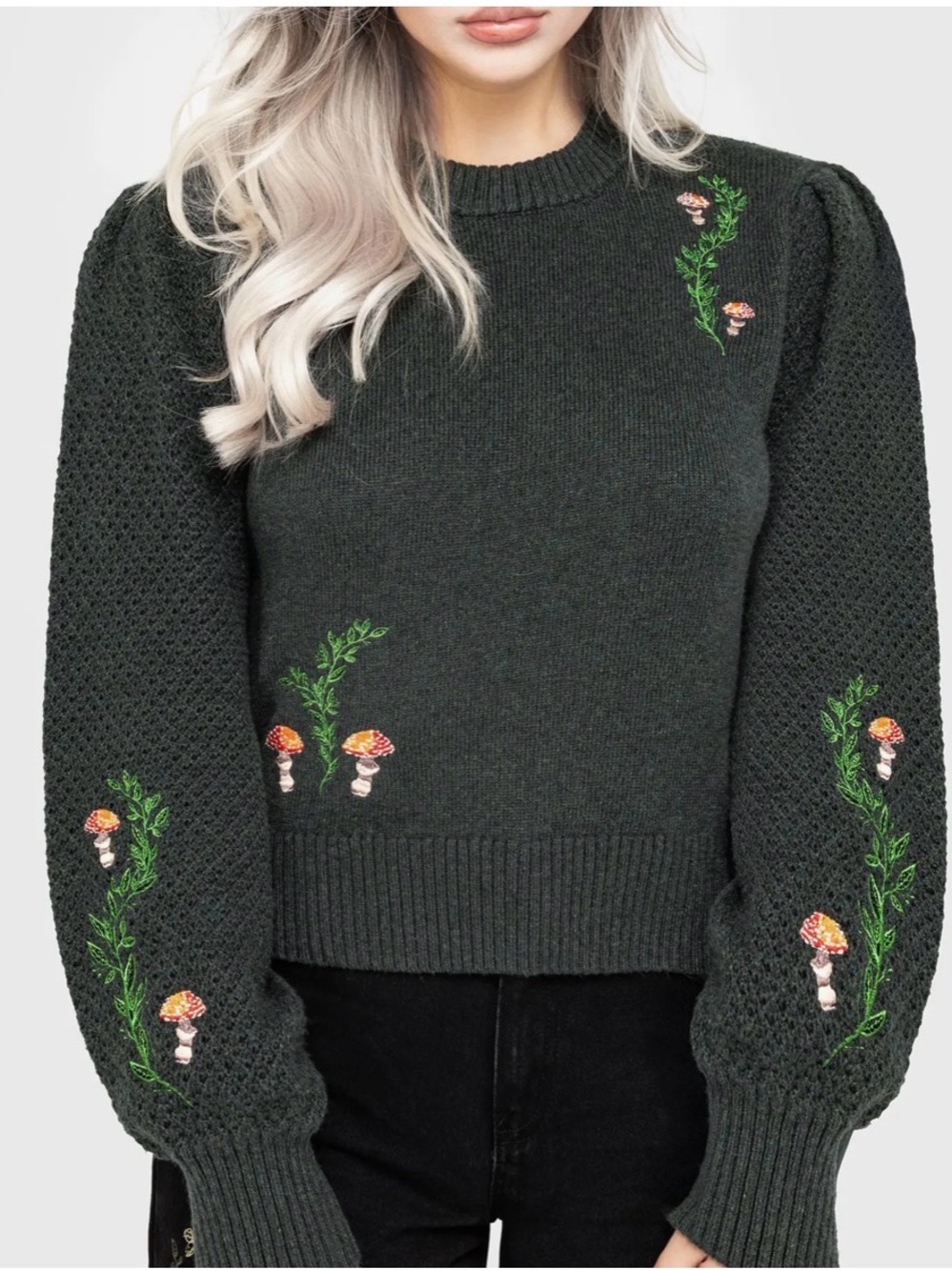 Disturbia Dark Green Crewneck Sweater with Embroidered Red Mushrooms
